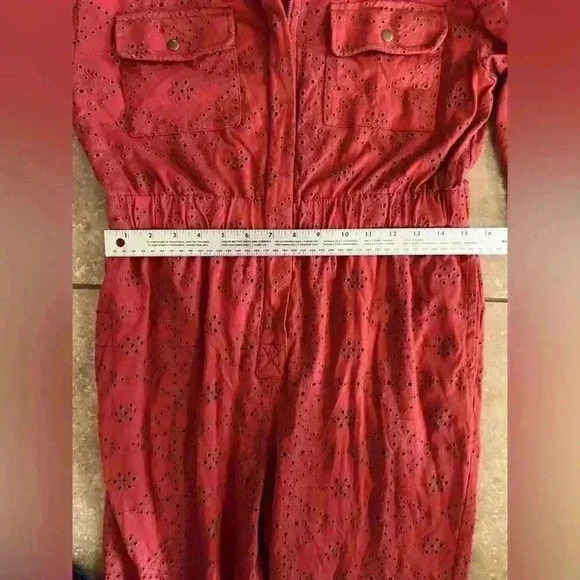 Free People Set The Tone Eyelet Jumpsuit in Rust Combo Size 2 - Picture 6 of 8